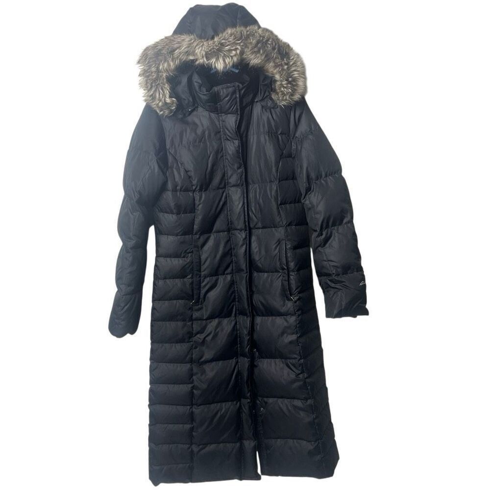 Eddie Bauer Women's Black Long Quilted Down Coat Parka Hood Faux Fur Sz Small